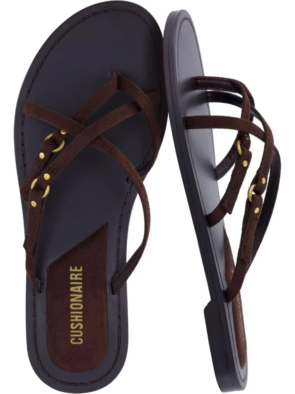 Women's Chocolate Faux Suede Flats Thong Strappy Sandals Decorative Ring Accents